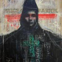 AYAD ALKADHI, "Price of a Barrel", 2008, mixed media on Arabic newspaper on canvas, 48” x 36”