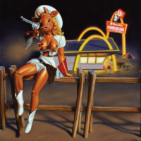 Ron English, "COWGIRL MCDONALDS", 2005, oil on canvas, 36” x 36” Collection of Brad Jones