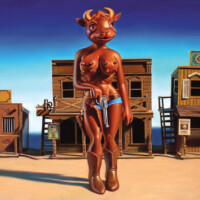 Ron English, "COWTOWN CATHY", 2006, oil on canvas, 72” x 36”