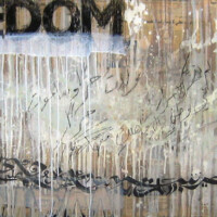 AYAD ALKADHI, "Bloody Red Freedom", 2008, mixed media on Arabic newspaper on canvas, 24” x 72”
