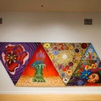 Wayne Gilbert, From Left to Right: "Raging Orchid"; "A Foot in the Desert"; "Silent Flowers"; "Anna’s Garden", Oil and human cremated remains on canvas