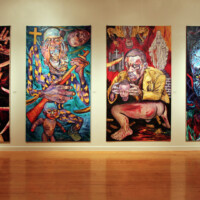 George Gittoes, from left to right: "Rawanda Kibeho", "Rawanda Maconde", "Shit, Blood and Tears", 1997, oil on canvas