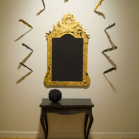 James Drake, "Heart of Gold" (Dressing Table), 1989, steel, charcoal on paper, cast bronze, gold leaf, dimensions vary