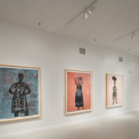 Robert Pruitt, left to right - "Blue-Black Afro Majestic", 2012, "Black Shining Princess", 2012, "Bombs Over Baghdad", 2012, all conte, charcoal, hand dyed paper