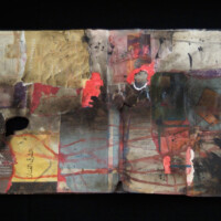 KAREEM RISAN, "Al Mutanabbi Street", 2007, mixed media on paper mounted on board cover with 4 pages, each 16.5” x 16.5”, Collection of Tala Azzawi
