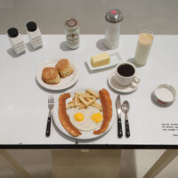 Forrest Prince, "You’re Eating Yourself to Death, and You’re Too Dumb to Know It", 1990, table, chair, mixed media, collection of Carolyn Farb