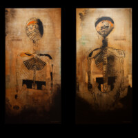 MOHAMMED AL-SHAMMAREY, "Unidentified Man", 2008; "Unidentified Woman", 2008, mixed media on canvas, each 8.8’ x 4.25’