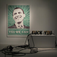 Andrei Molodkin, YES WE CAN FUCK YOU, 2011, black and green ballpoint pens on canvas, acrylic block and plastic hoses filled with crude oil, pump, compressor