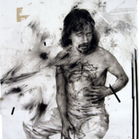 James Drake, "Exit Juarez", 2007  Charcoal, tape, misc. items on paper, 100" x 86"