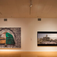 left: ABDULNASSER GHAREM, "Hemisphere", 2015 & right: AHMAD ANGAWI, "Wijha 2:148 And everyone has a direction to which they should turn", 2013, Installation view Station Museum of Contemporary Art