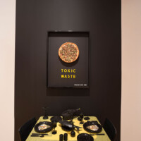 Forrest Prince, top: "Toxic Waste", 1991, mixed media, Collection of Laura Fain & bottom: "The blind leading the blind into the ditch of death", 1994, table, chair, mixed media