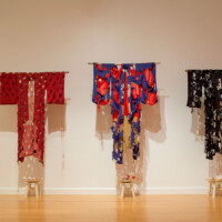 Judy Shintani, "Deconstructed Kimonos", 2012, altered vintage kimonos, ceramic, wooden altars